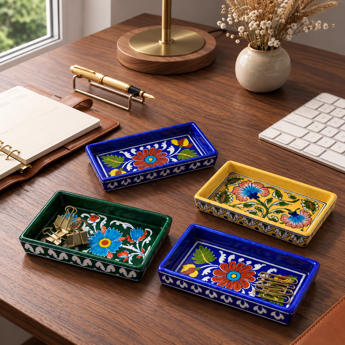Blue Pottery Rectangular Tray – Floral Trellis