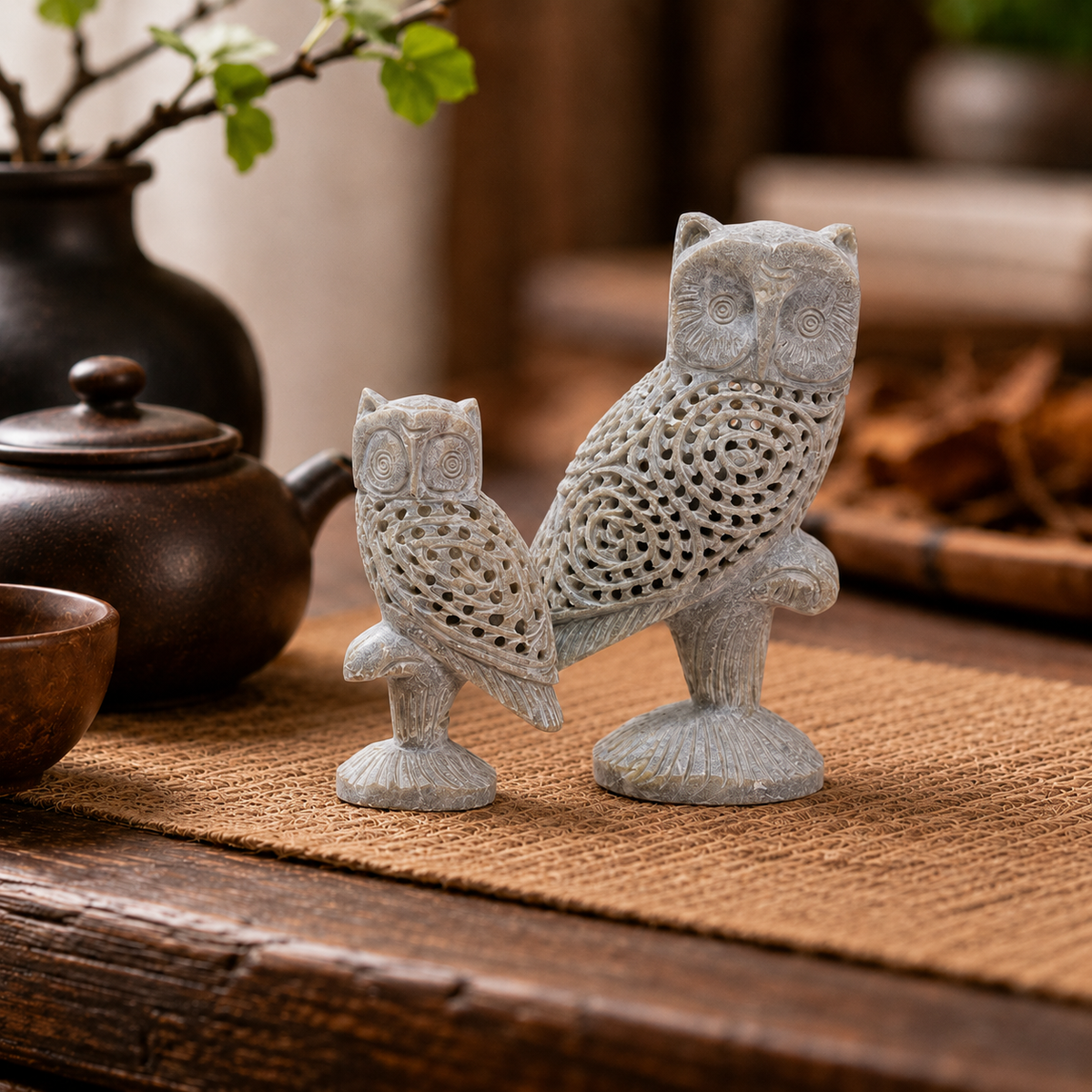 Mother & Baby Owl Soapstone Sculpture
