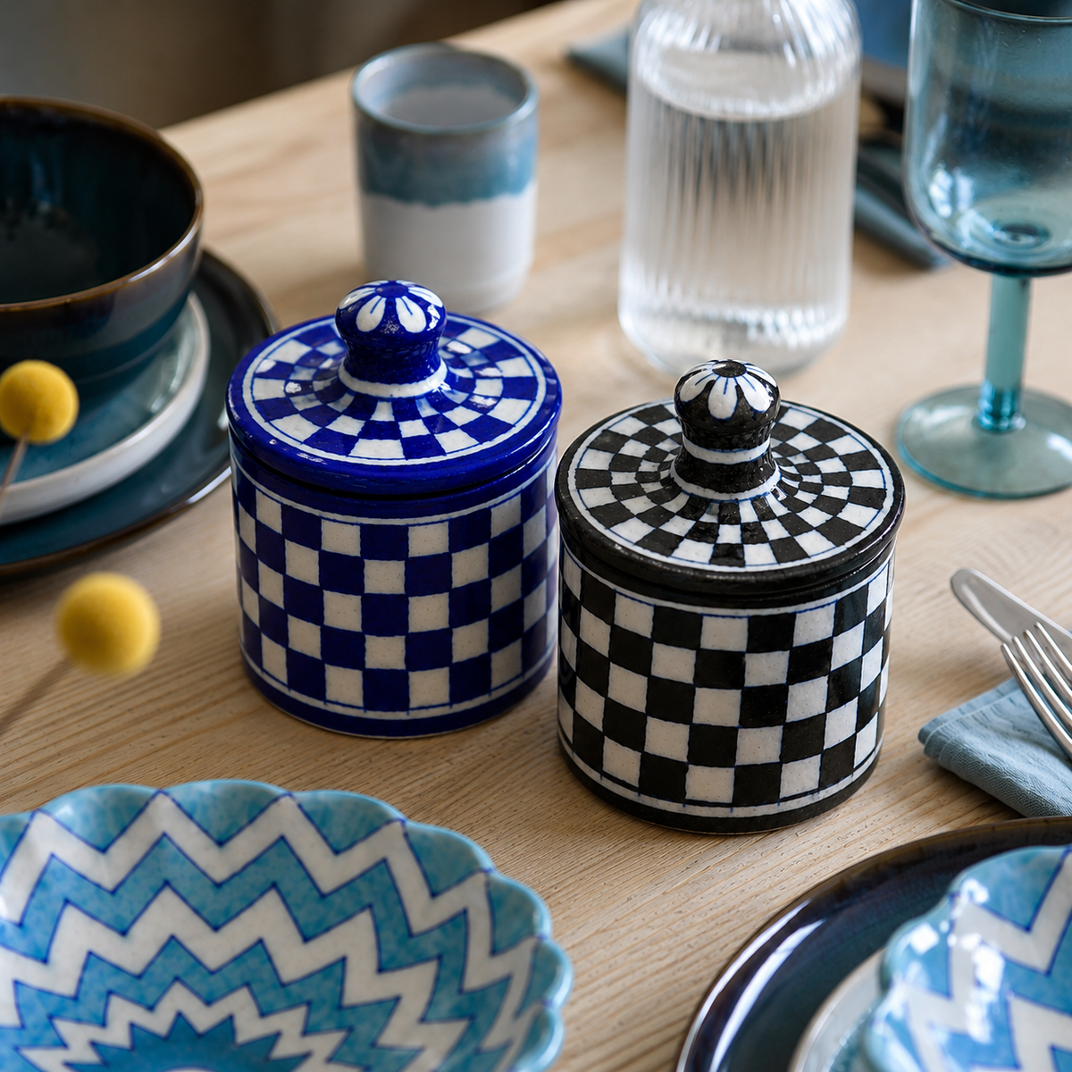 Lidded Blue Pottery Storage Jar – Checks