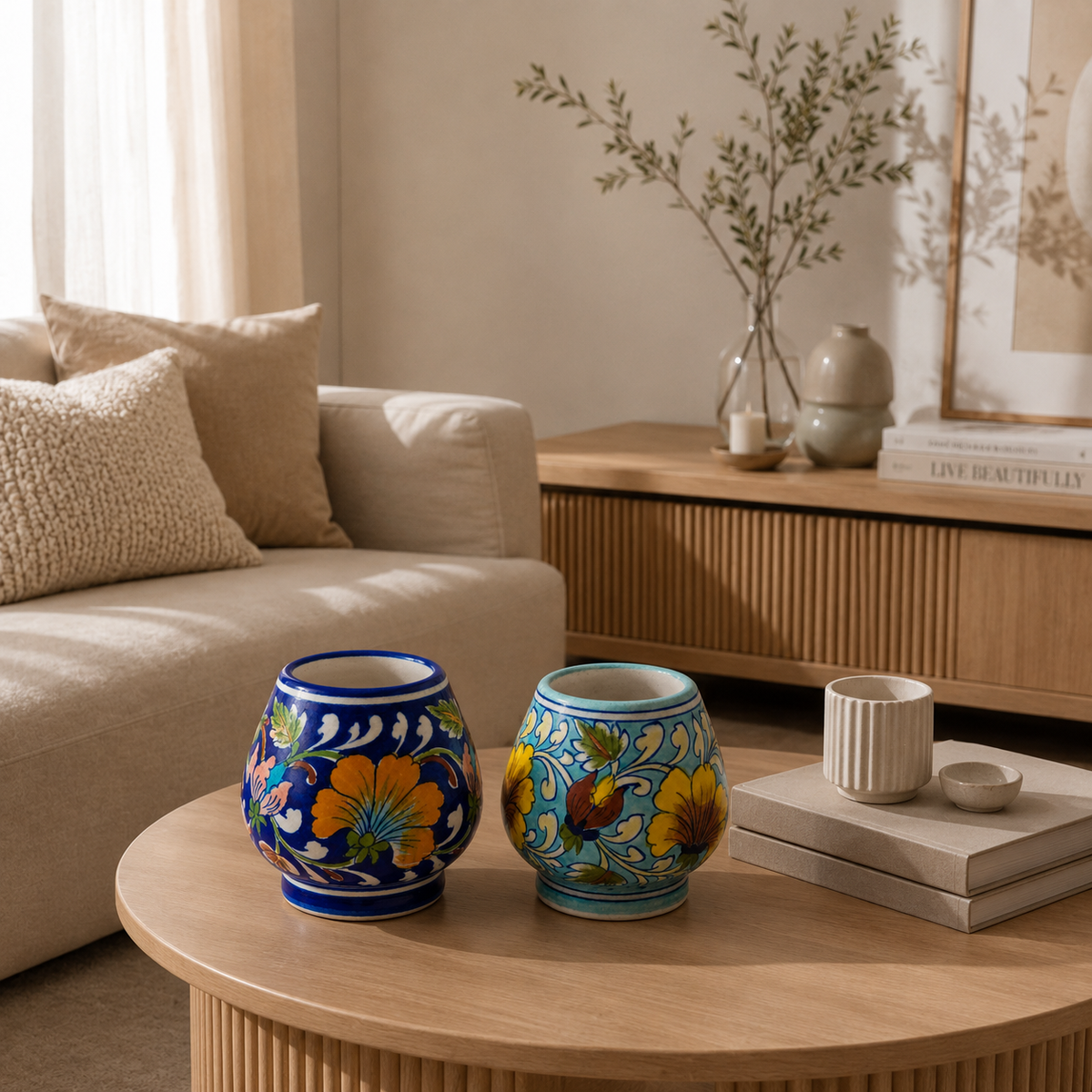 Blue Pottery Pedestal Cup – Floral Motif