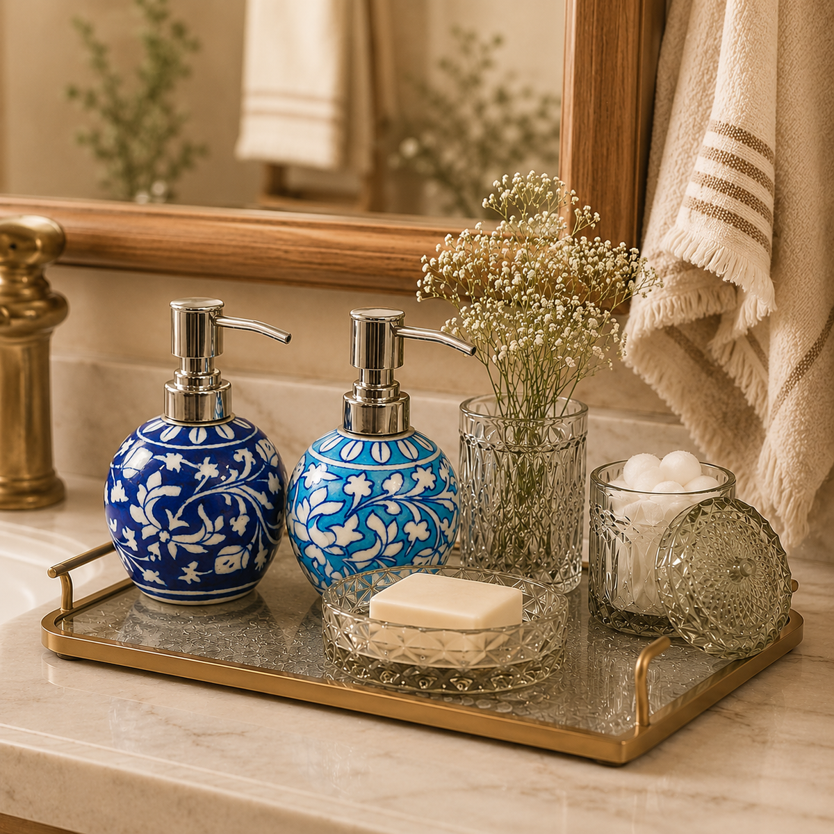 Blue Pottery Dispenser Bottle – Vine Motif