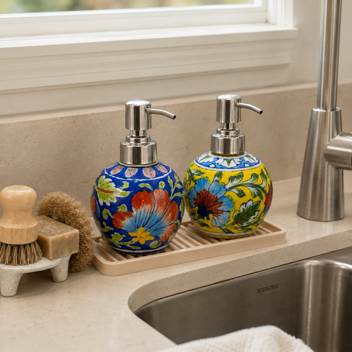 Blue Pottery Dispenser Bottle – Floral Motif